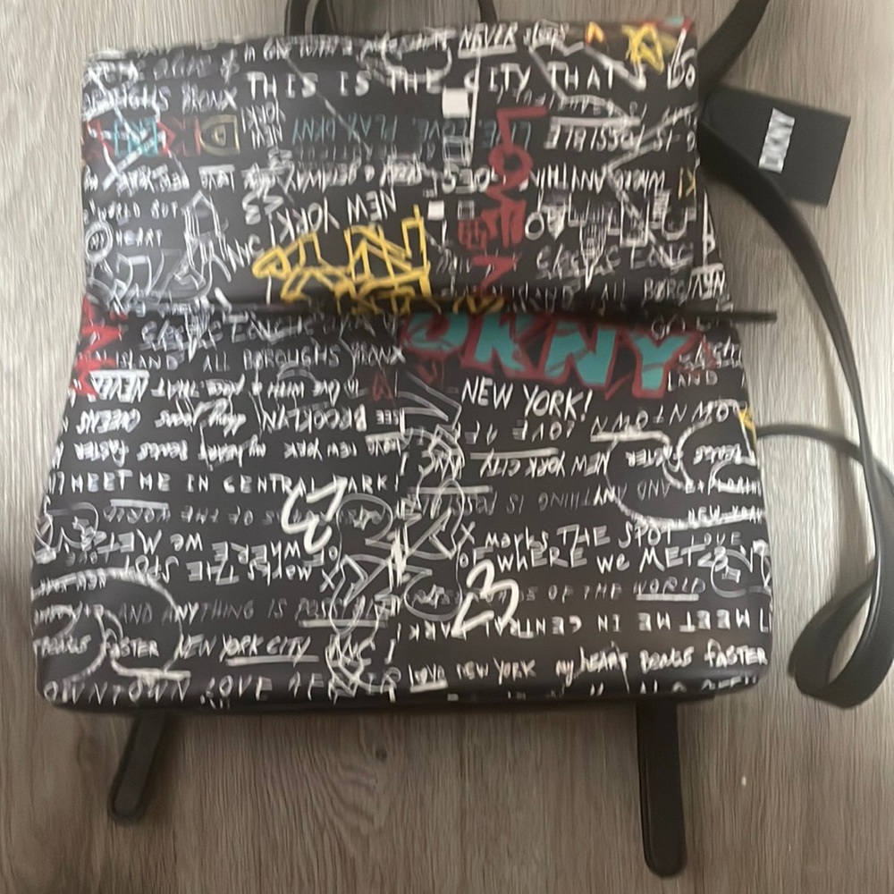 DKNY Women's Multipurpose Fashion Backpack, Black Iconic Graffiti Tilly, One